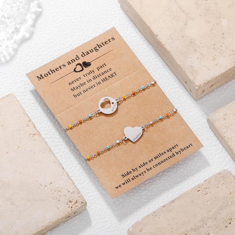 DS Mother Daughter Bracelets Set,18K Gold Plated Stainless Steel Heart Jewelry for Women Girls,Mothers Day Gifts for Mom/Daughter,Adjustable Matching Bracelets for Mommy and Me gift box packaging - Image 2